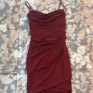 Windsor Burgundy Cowl Neck Spaghetti Strap Mini Dress